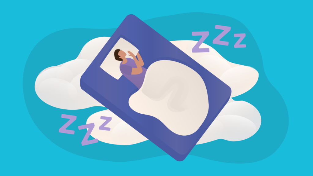 Illustration of person sleeping in a bed on floating clouds